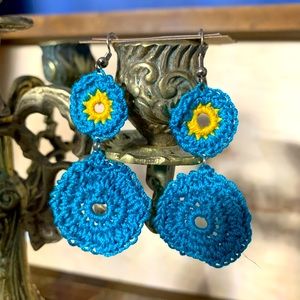 Dangle blue gold crochet earrings